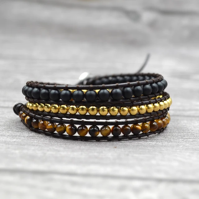 Pierre d'oeil de tigre avec perles de cuivre pour hommes et femmes, bracelets ronds, cuir tissé bohème fait à la main, bracelet d'avertissement, 3 brins 1