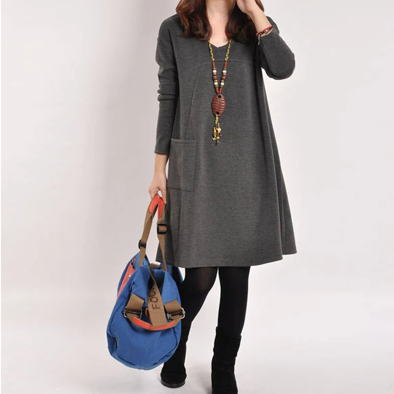 New Hot Women Dresses With Pocket Solid Color Long Sleeve V Neck Loose Casual Autumn Winter Dress Plus Size YAA99
New Hot Women Dresses With Pocket Solid Color Long Sleeve V Neck Loose Casual Autumn Winter Dress Plus Size YAA99