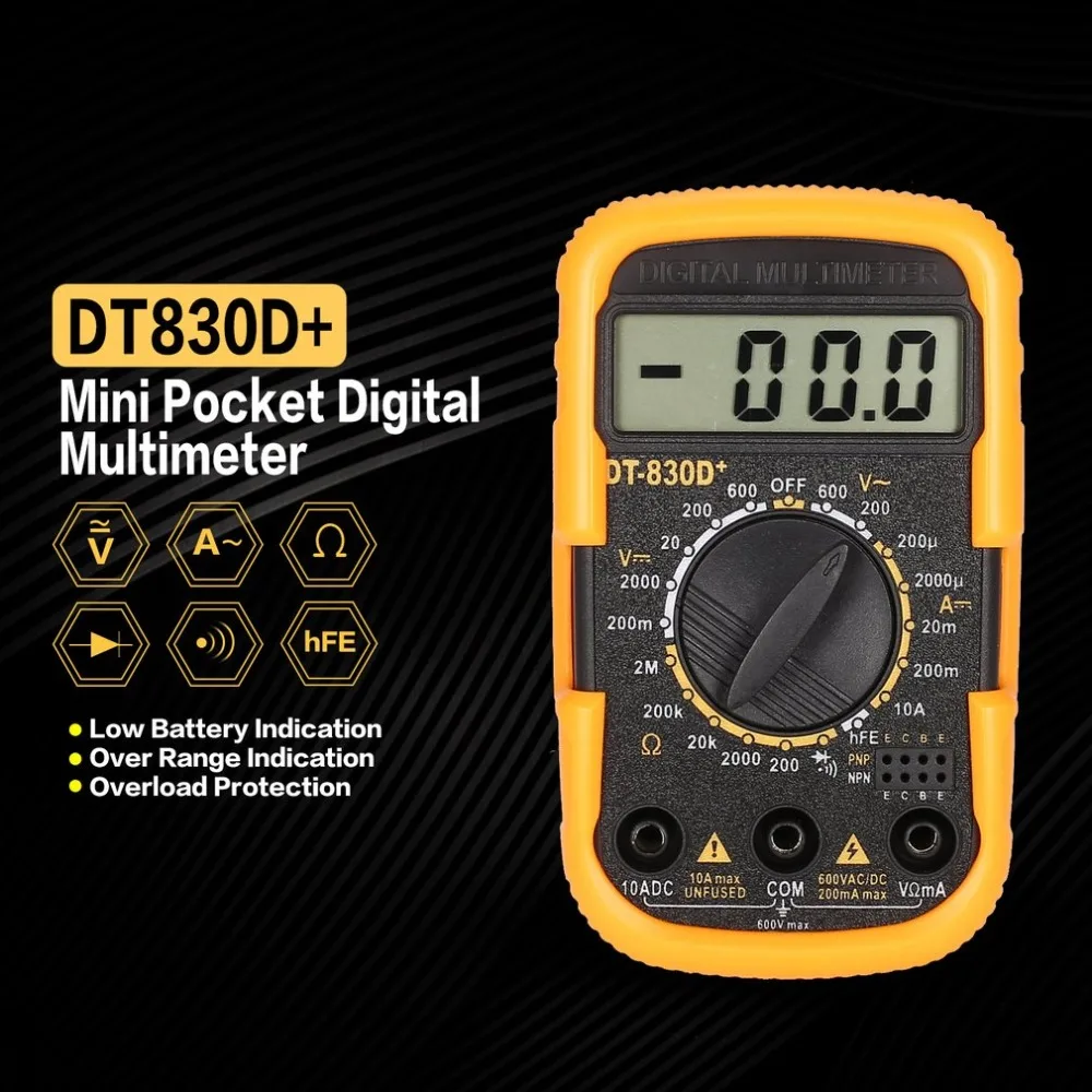 DT830D+ Mini Pocket Digital Multimeter 1999 Counts AC/DC Volt Amp Ohm Diode hFE Continuity Tester Ammeter Voltmeter
DT830D+ Mini Pocket Digital Multimeter 1999 Counts AC/DC Volt Amp Ohm Diode hFE Continuity Tester Ammeter Voltmeter