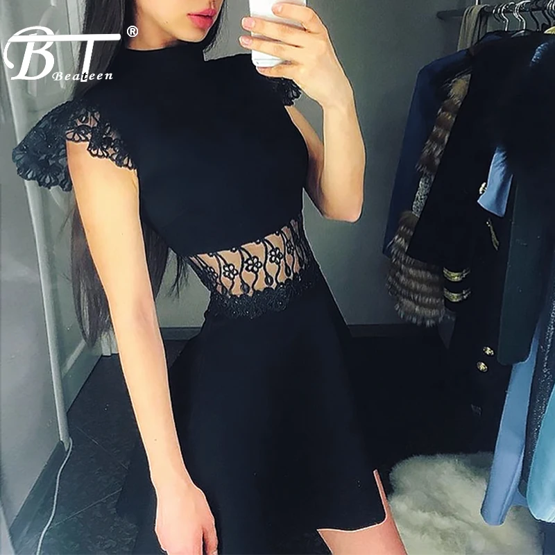 Beateen 2019 New Arrival Turtleneck Short Petal Sleeve Lace Insert A-Line Bandage Women Sexy Mini Bodycon Party Dress Black
Beateen 2019 New Arrival Turtleneck Short Petal Sleeve Lace Insert A-Line Bandage Women Sexy Mini Bodycon Party Dress Black