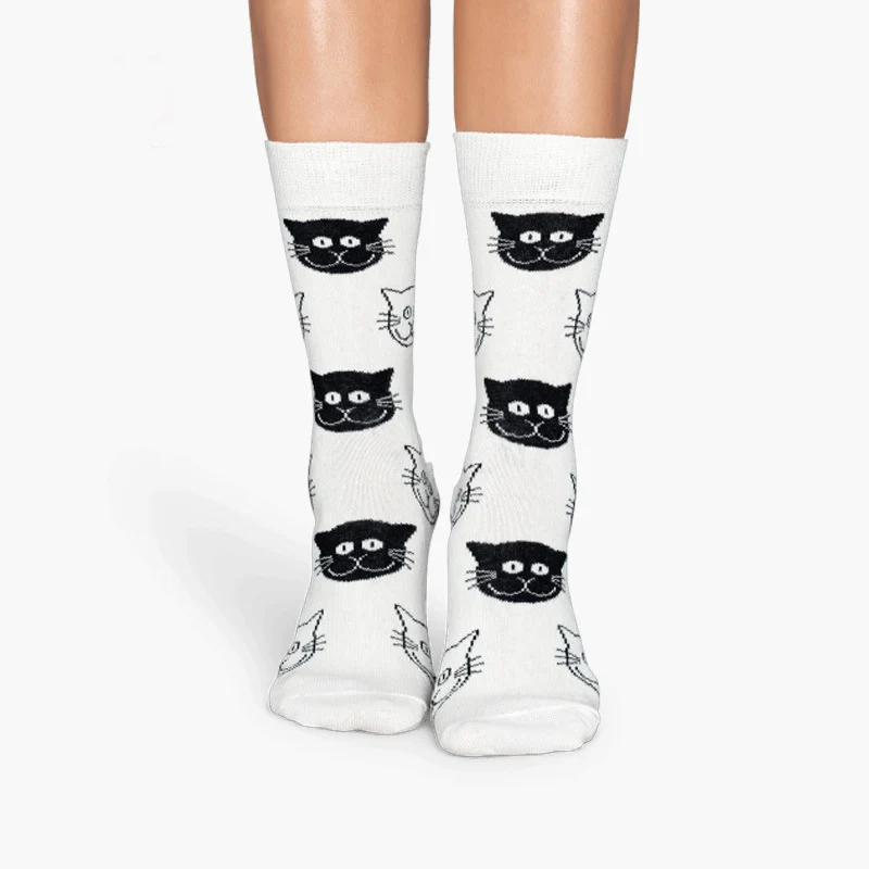 Image 4pairs New 2017 harajuku cotton women socks cat face pattern in tube socks personality chaussette femme calzini women socks