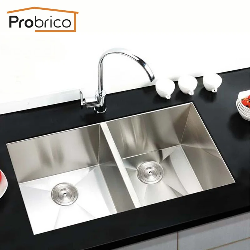 Image Probrico CUPC Brushed Stainless Steel Handmade Double Bowl Undermount Kitchen Sink 32