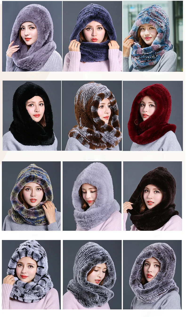 Hat Women 2017 New Knitted Real Rex Rabbit Fur Hat Hooded Scarf Winter Warm Natural Fur Hat With Neck Scarves (4)