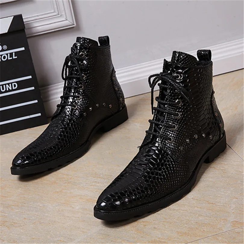 Pointed Toe British Style Erkek Bot Chaussure Homme Lace Up Rivet Decoration Solid Med Heel Python Leather Shoes Men Ankle Boots
Pointed Toe British Style Erkek Bot Chaussure Homme Lace Up Rivet Decoration Solid Med Heel Python Leather Shoes Men Ankle Boots