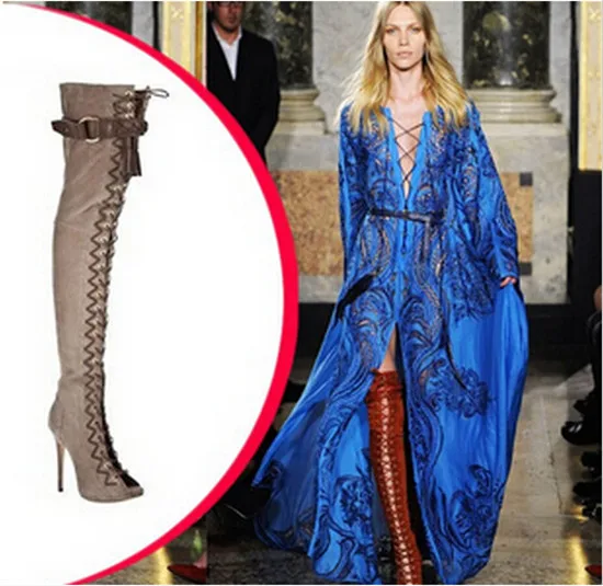 New Brown Grey Suede Fringe Women Boots Open Toe Lace Up Thigh High Boots High Heels Buckle Autumn Boots Shoes Woman Botas Mujer (14)