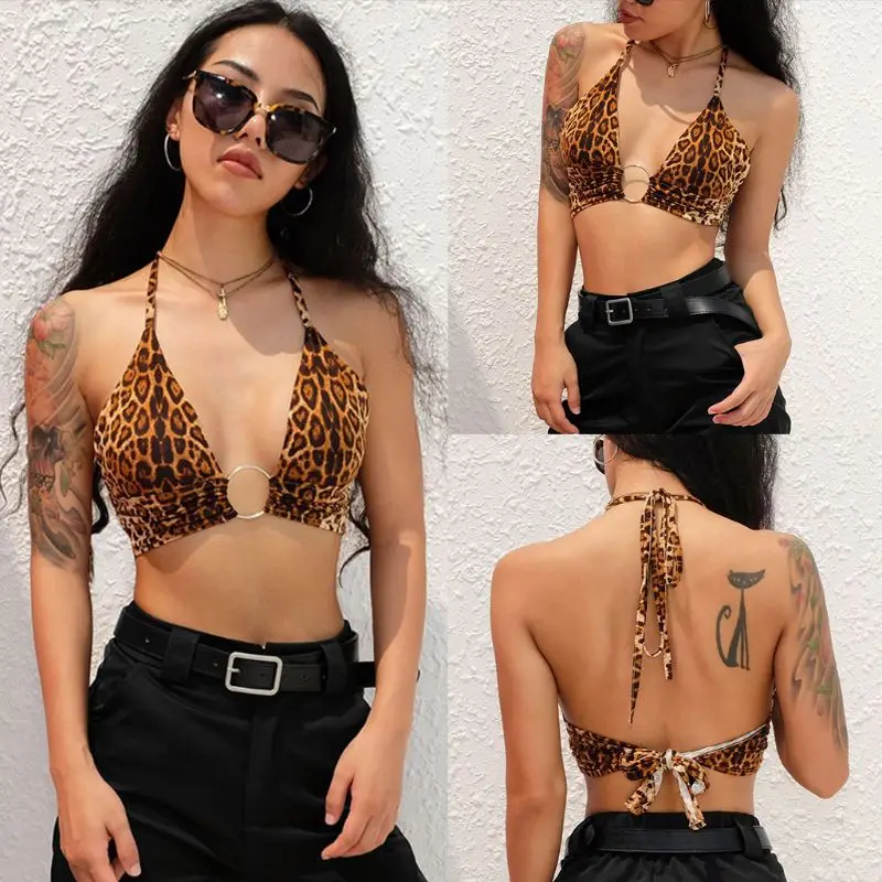 

Women Summer Sexy Deep V-Neck Bralette Halter Crop Top Vintage Leopard Printed Backless Metal Ring Keyhole Cami Crop Bustier