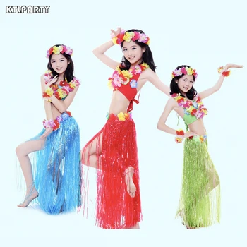 5set/lot 60cm 80cm Plastic hawaiian Hula Skirt for Kids women Flower Bracelets Headband Necklace Set theme beach wedding party