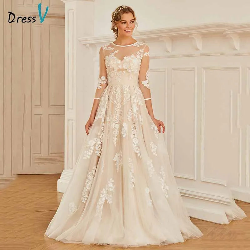 Dressv elegant scoop neck 3/4 sleeves lace wedding dress appliques button floor length bridal outdoor&church wedding dresses
Dressv elegant scoop neck 3/4 sleeves lace wedding dress appliques button floor length bridal outdoor&church wedding dresses