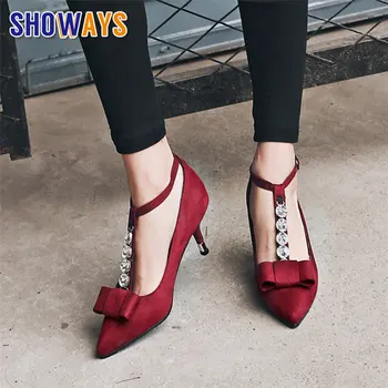 Bowtie Women Pumps 6cm High Spike Heel Red Black Flock Pointed Toe Rinestone T-strap Office Party Stiletto Ladies Shoes Big Size
Bowtie Women Pumps 6cm High Spike Heel Red Black Flock Pointed Toe Rinestone T-strap Office Party Stiletto Ladies Shoes Big Size