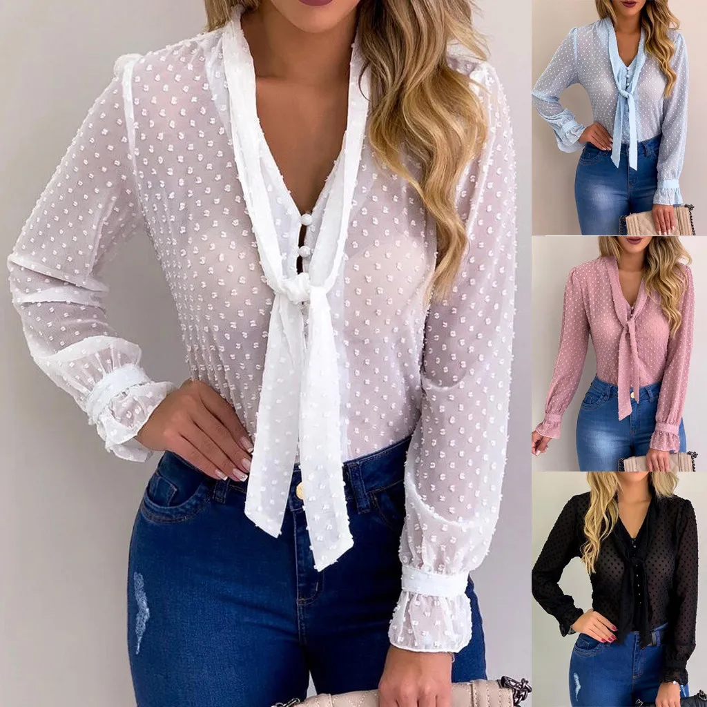Women's Long Sleeve Sexy Chiffon Sheer Mesh Tie up Dot See Through Solid White Blue Top Shirt Summer Girl's Shirts Female Blusas
Women's Long Sleeve Sexy Chiffon Sheer Mesh Tie up Dot See Through Solid White Blue Top Shirt Summer Girl's Shirts Female Blusas