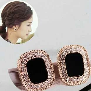 

Luxurious black retro gem stone clip on earrings without pierced,women clip earings non pierced ear