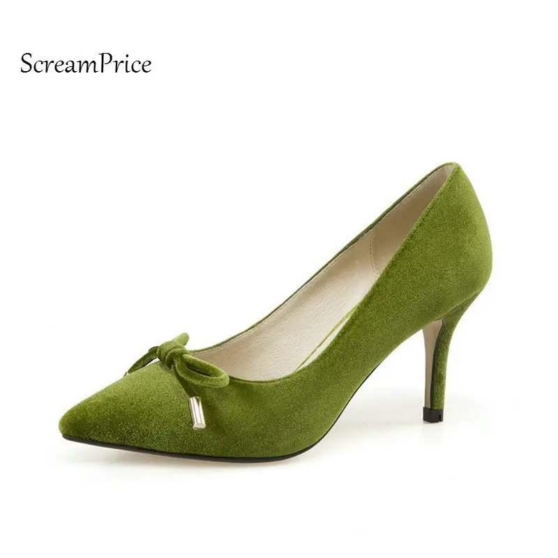 2018 The New Thin High Heel Pointed Toe Woman Pumps Fashion Bow Knot Dress High Heel Shoes Woman Black Red Green