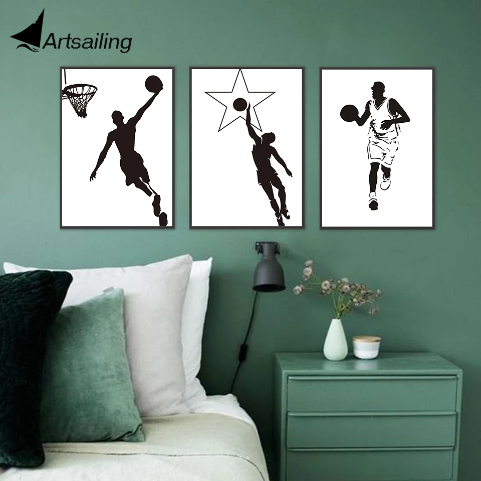 ArtSailing Wall Art Modern Nordic Style Play Basketball Shadow Pictures For Sports Lover Living Room Home Decor Canvas Painting | Дом и сад