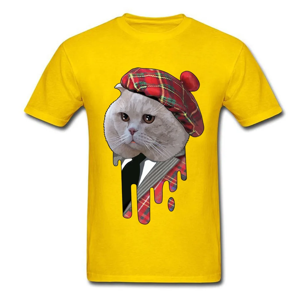 Hip hop Scottish cat Round Collar T Shirts VALENTINE DAY Tops & Tees Short Sleeve for Men Cheap 100% Cotton Cool T-shirts Scottish cat yellow