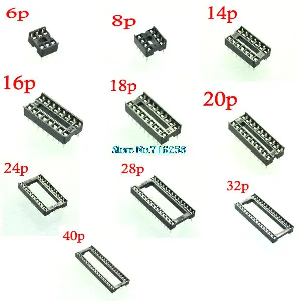 105pcs IC socket 10 values dip 6P 8P 14P 16P 18P 20P 24P 28P 32P 40P adaptor solder type socket kit for ICs
105pcs IC socket 10 values dip 6P 8P 14P 16P 18P 20P 24P 28P 32P 40P adaptor solder type socket kit for ICs
