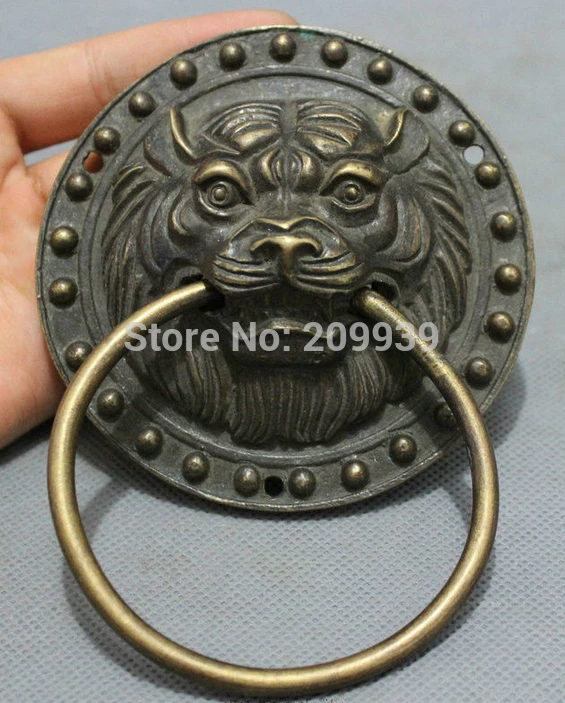 

huij 006675 Chinese Bronze Copper Carved FengShui Lion Head Statue Palace Mask Door Knocker