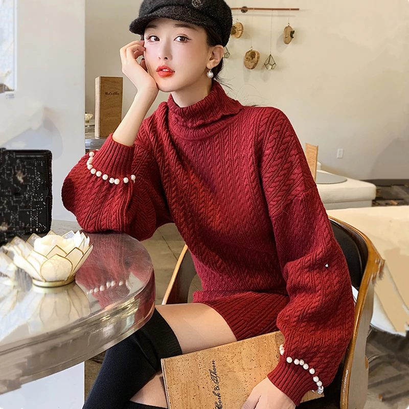 Winter Two Piece Set Twist Knitted Sweater and Packaged Hip Mini Skirt Suits Women Turtleneck Lantern Sleeve Pearls Pullover Set
Winter Two Piece Set Twist Knitted Sweater and Packaged Hip Mini Skirt Suits Women Turtleneck Lantern Sleeve Pearls Pullover Set