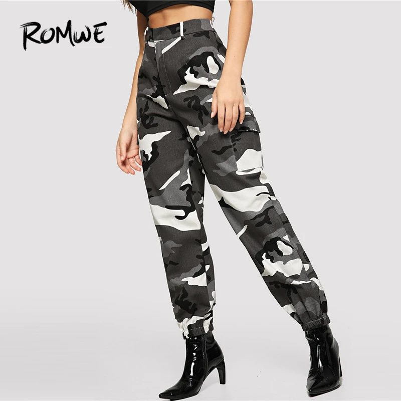 

ROMWE Flap Pocket Side Cami Utility Pants 2019 Camouflage Pockets Mid Waist Pant Spring Autumn Zipper Fly Casual Long Pants