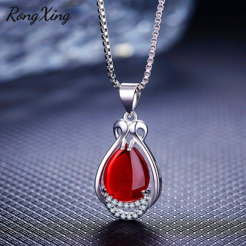 

RongXing Vintage Fashion Water Drop Pendants For Women 925 Silver Filled Pink/Green/Red Birthstone Necklace Zircon Choker ZR0127