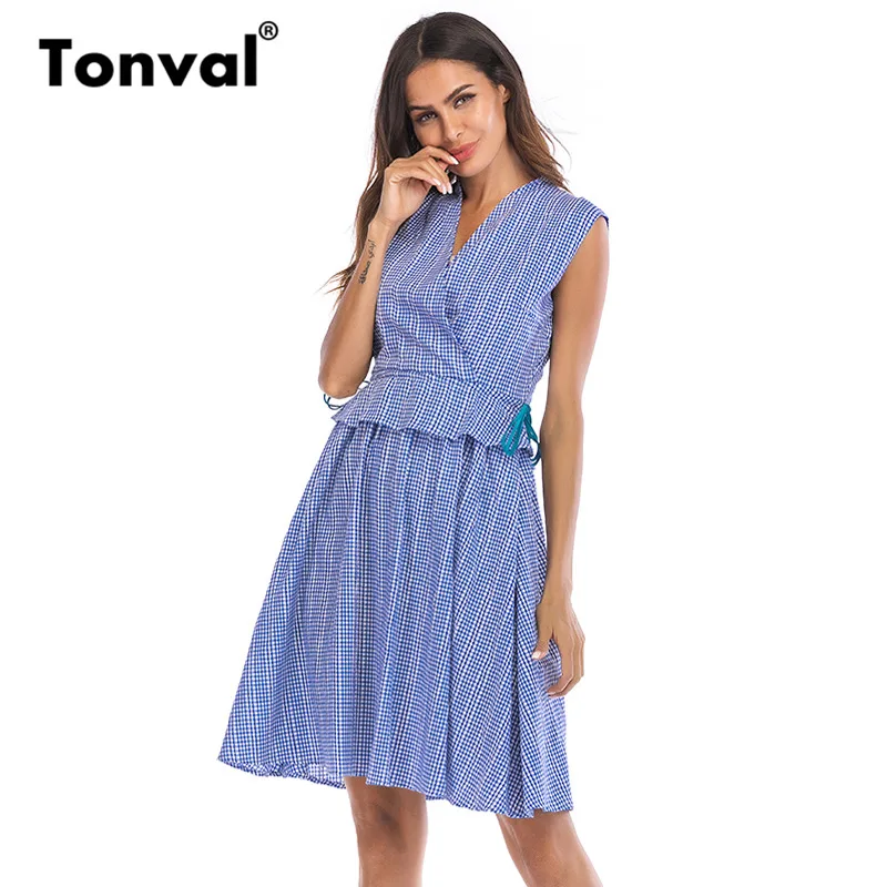 Tonval Vintage Ruffle Peplum Casual Blue Dress Plaid Elegant V Neck Women Office Dress Summer Ladies Dresses
Tonval Vintage Ruffle Peplum Casual Blue Dress Plaid Elegant V Neck Women Office Dress Summer Ladies Dresses