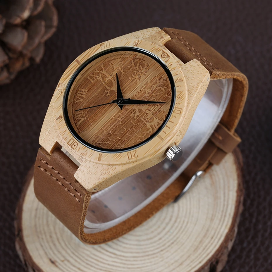Life Tree Natural Wood Watch Men's Handcrafted Craving Quartz Analog Simple Leather Band Clock Bamboo Wood Wrist Watches for Men (8)