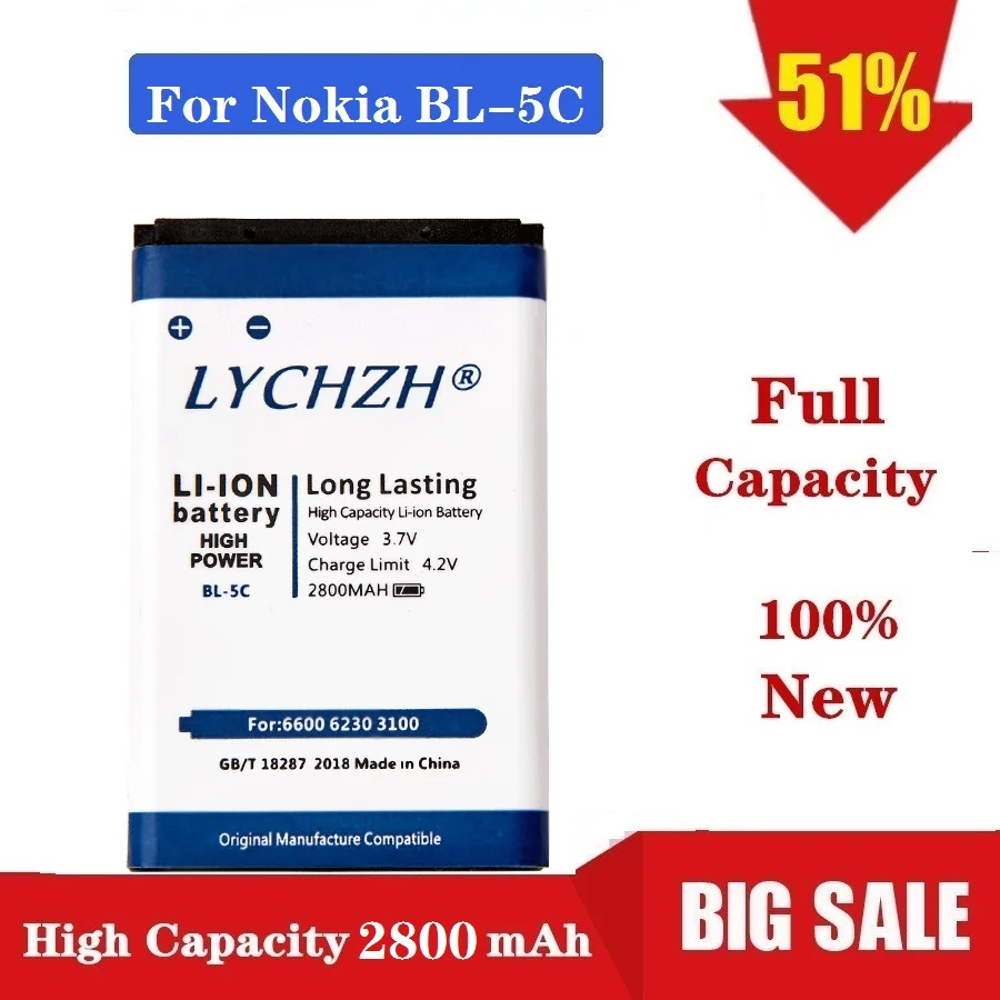 2019 Original BL5C BL-5C BL 5C Battery For Nokia 1100 1110 1200 1208 1280 1600 2600 2700 3100 3110 5130 6230 6230i n70 2800mAh
2019 Original BL5C BL-5C BL 5C Battery For Nokia 1100 1110 1200 1208 1280 1600 2600 2700 3100 3110 5130 6230 6230i n70 2800mAh