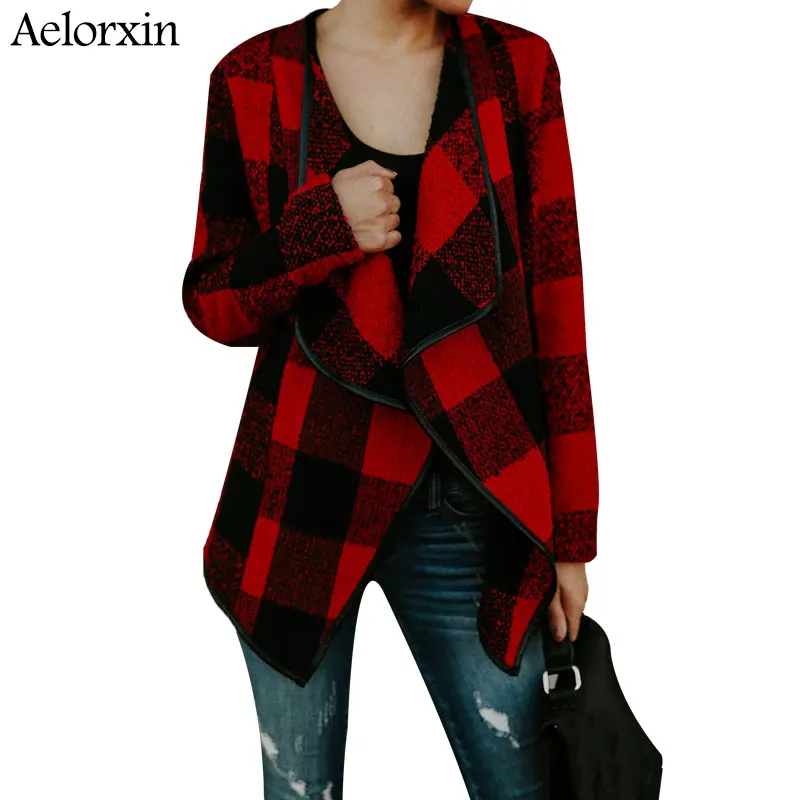 

Aelorxin Black White Plaid Ruffle Warm Winter Coat Women Turndown Coat Collar Overcoat Female Casual Autumn 2019 Red Outerwear