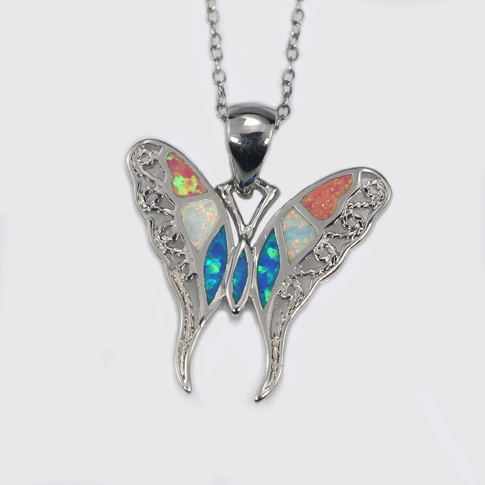 

JLP003 New Design Butterfly Multicolor Fire Opal Silver Plated Pendant Necklace Direct Wholesale Women Fashion Jewelry Gif