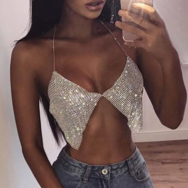 Bling Silver Gold Rhinestones Halter Bra Crop Top Women Sexy Backless Deep V Neck See Through Tank Tops 2019 Summer Beach Top
Bling Silver Gold Rhinestones Halter Bra Crop Top Women Sexy Backless Deep V Neck See Through Tank Tops 2019 Summer Beach Top