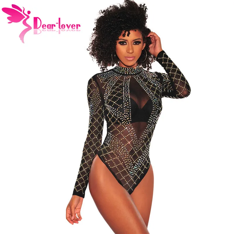 

Dear Lover 2019 Bodysuit Women Long Sleeve Mesh Sexy Romper Rhinestone Embellished Mock Neck Skinny Bodysuits Clubwear LC32343