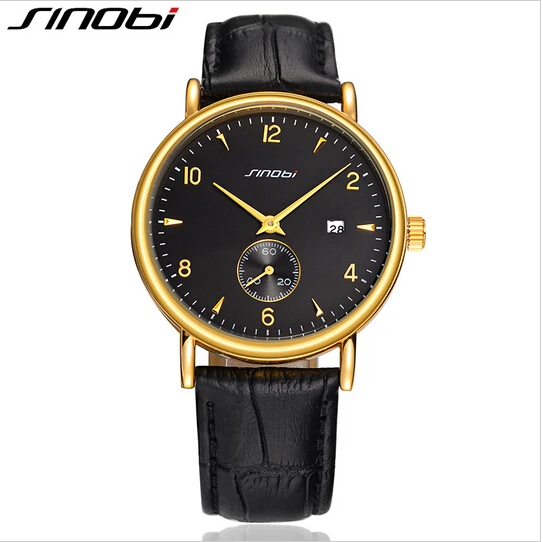 Фото SINOBI Fashion Gold Wrist Watch Men Luxury Brand Watches Leather Strap Auto Date Men's Clock saat erkek kol saati | Наручные часы