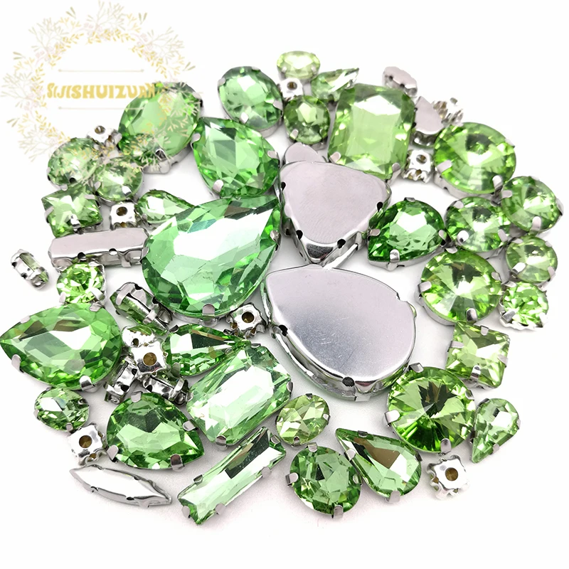 

52pcs 23sizes 10shapes MIX Light Green Size Crystal Glass Sew-on Rhinestones silvery Bottom DIY Women's Dresses and Shoes