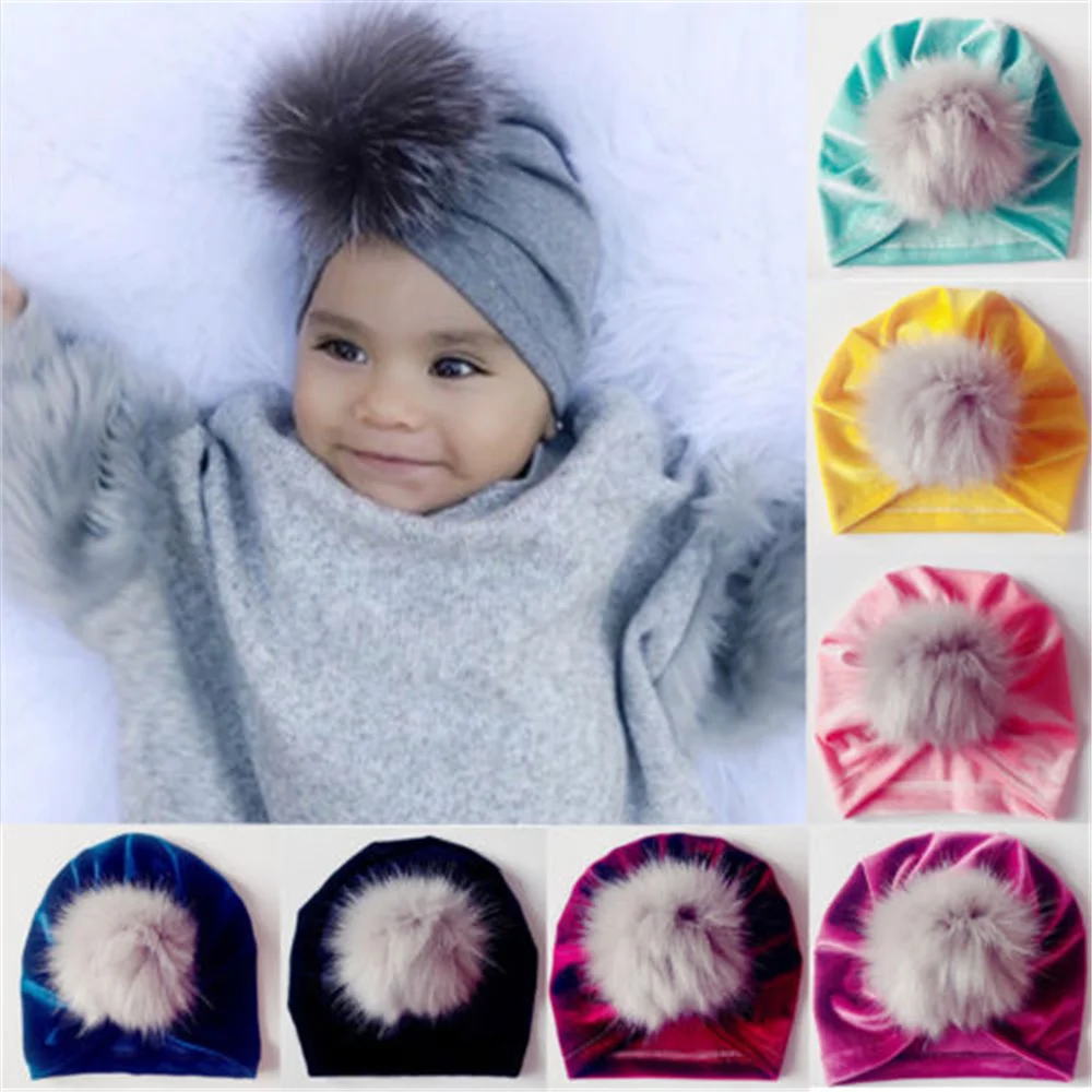 Новый Bebe осень-зима теплый тюрбан шапки для девочек и мальчиков волосы мяч шапка