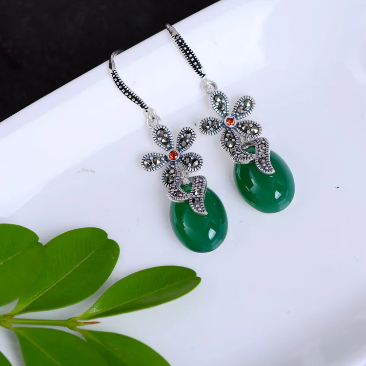 Женские серьги из серебра S925 пробы с натуральным зеленым халцедоном | Украшения и