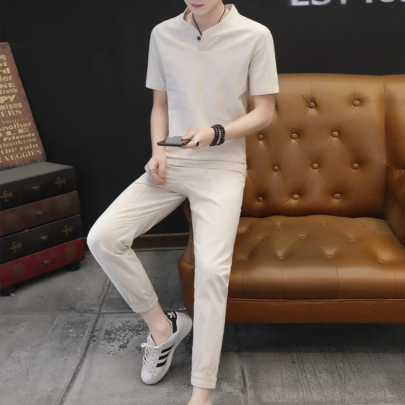 Men V-neck suit summer print linen set cotton men T-shirt slim short-sleeved solid color casual shorts M-5XL men's clothing
Men V-neck suit summer print linen set cotton men T-shirt slim short-sleeved solid color casual shorts M-5XL men's clothing