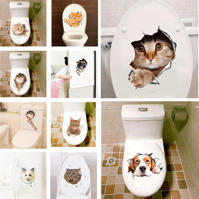 3D вид отверстия яркий стикер на стену с кошкой ванная комната туалет украшение