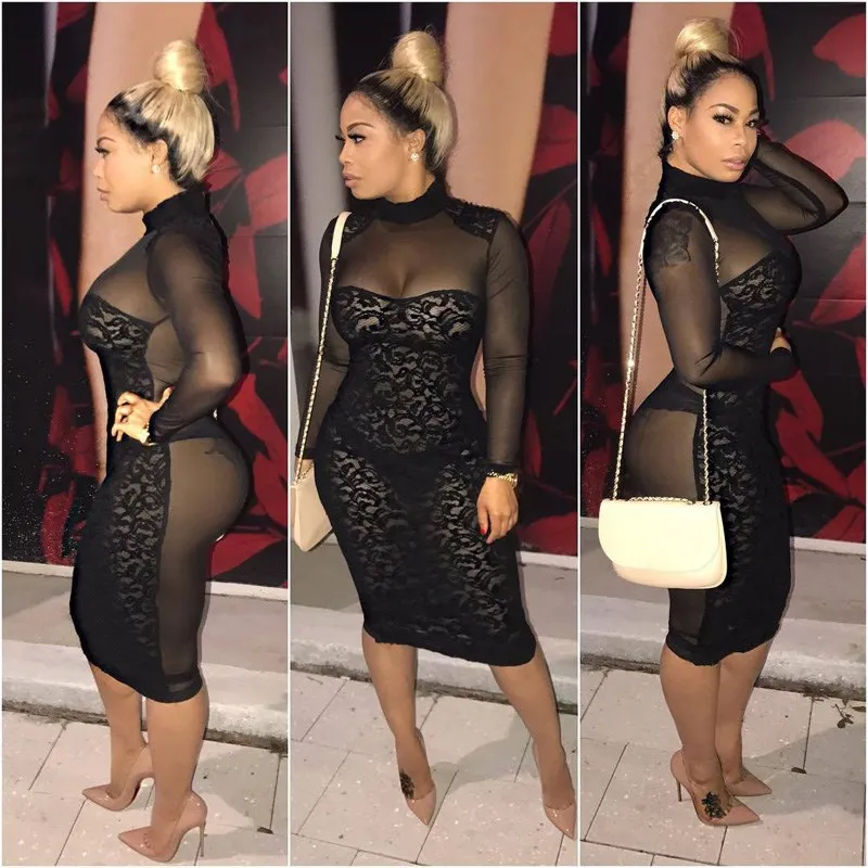2019 Summer Women High Neck Lace Dress Bodycon Transparant Sexy Dress Knee-Length Black Mesh Patchwork Dress
2019 Summer Women High Neck Lace Dress Bodycon Transparant Sexy Dress Knee-Length Black Mesh Patchwork Dress