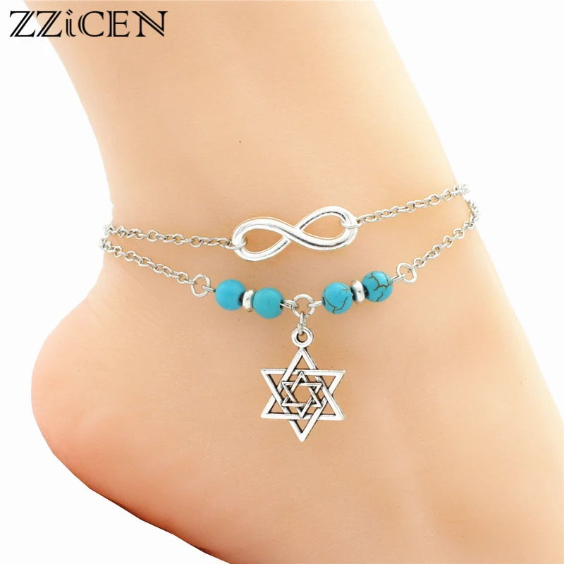 

New Multilayer Anklets for Women Antique Silver Magen Star of David Infinity Charm Vintage Barefoot Sandal Foot Chain Jewelry