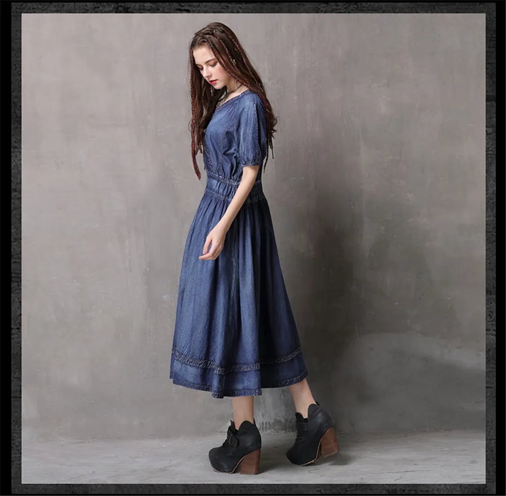 Vintage Adjustable Waist Summer Dress 2018 New Denim Women V-Neck Dresses Hollow out Lantern Sleeve Swing Hem Vestidos (14)