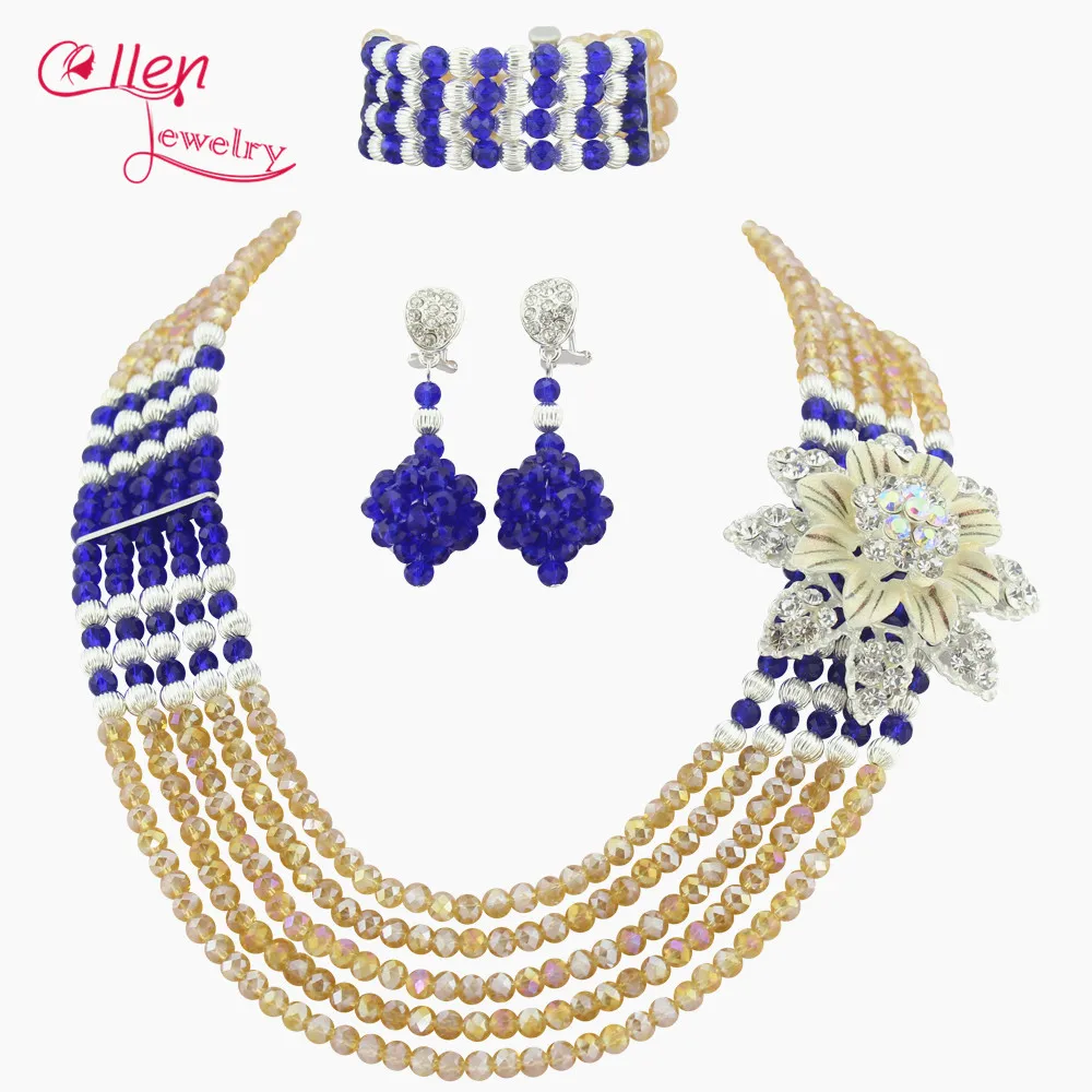 

Champagne Crystal Beads Nigerian Wedding Bridal Jewelry set African Beads Jewelry Set Choker Necklace Bracelet Earrings N0060