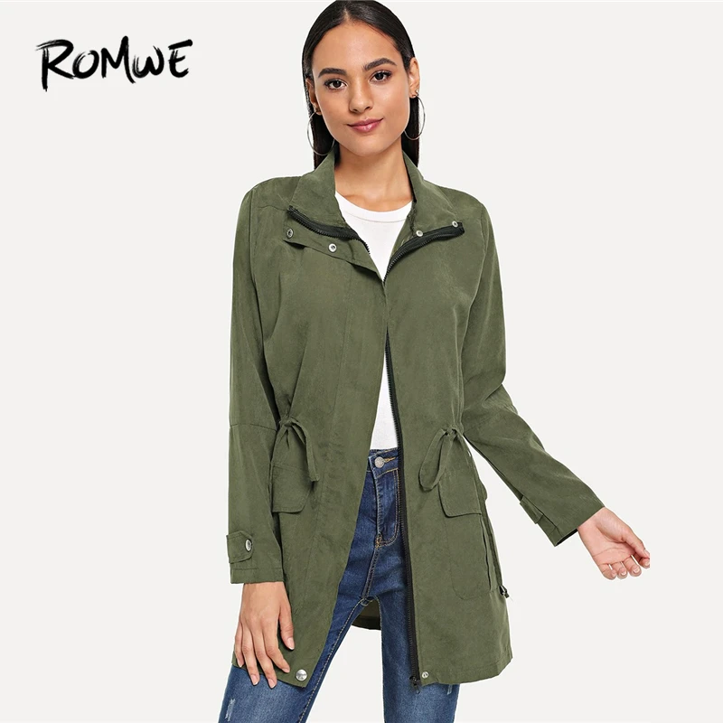 ROMWE Army Green Solid Drawstring Waist Coat Women Casual Fall Turn-down Collar Long Sleeve Clothing Pocket Zipper Outerwear
ROMWE Army Green Solid Drawstring Waist Coat Women Casual Fall Turn-down Collar Long Sleeve Clothing Pocket Zipper Outerwear