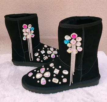 Hot Selling Black Pink Suede Winter Boots Women Round Toe Crystal Rhinestone Embellished Flat Snow Boots Women Rubber boots
Hot Selling Black Pink Suede Winter Boots Women Round Toe Crystal Rhinestone Embellished Flat Snow Boots Women Rubber boots