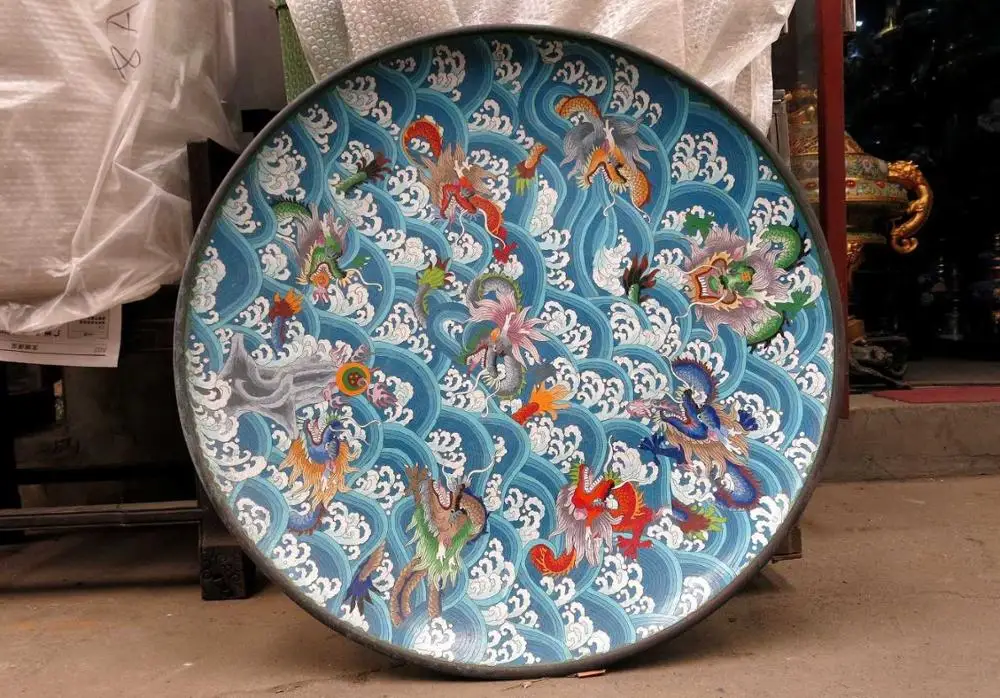 34" China copper Cloisonne beautiful nine dragon play Water big plate Statue