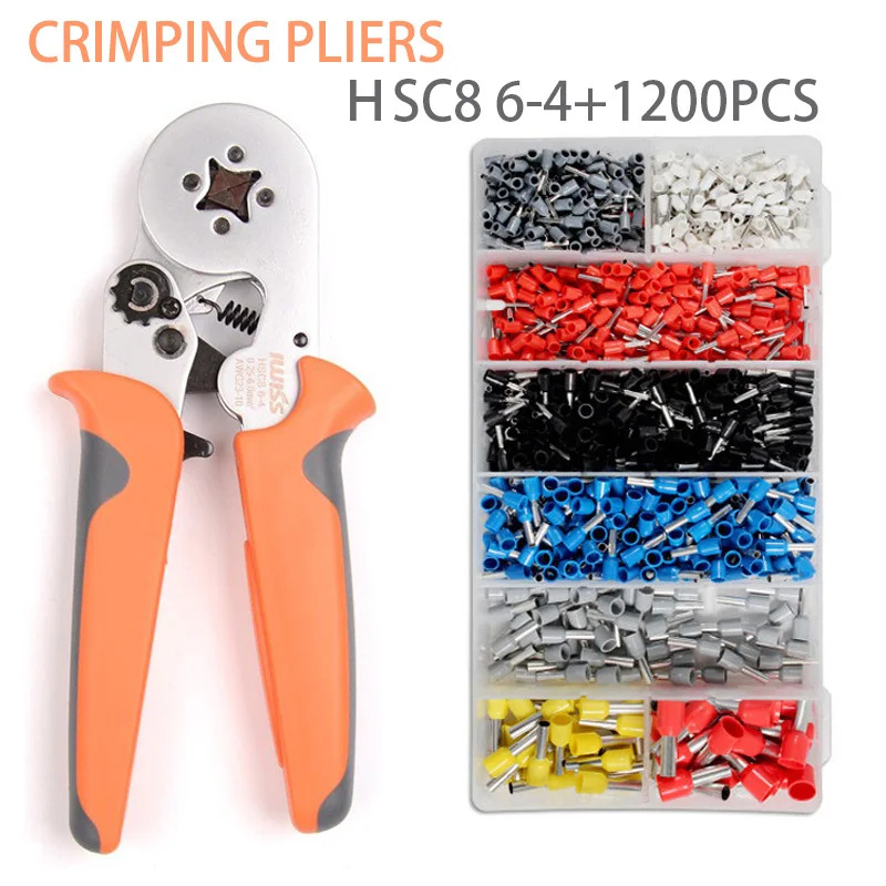 Tubular terminal crimping pliers 0.25-10mmІ Adjustable Wire Terminal 6-4 Crimper with 1200PCS Crimping Tool Set
Tubular terminal crimping pliers 0.25-10mmІ Adjustable Wire Terminal 6-4 Crimper with 1200PCS Crimping Tool Set
