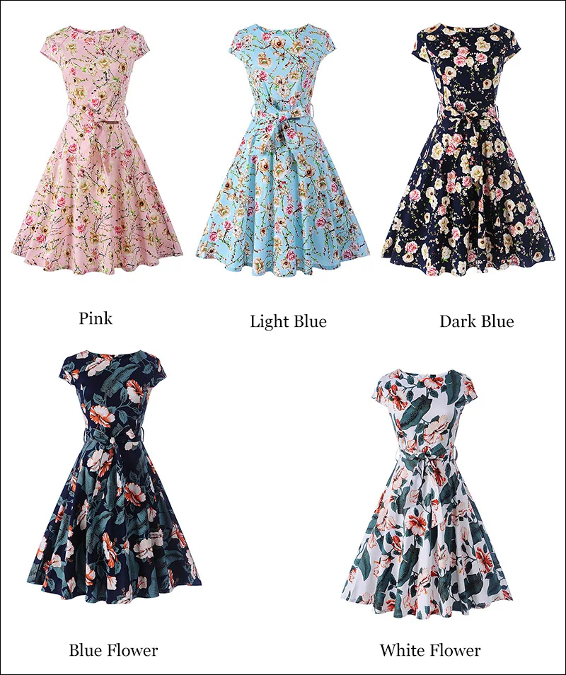 Kostlish Floral Print Summer Sundress 2017 Short Sleeve Belt Tunic Vintage Dress Women Elegant Swing Rockabilly Party Dresses (86)