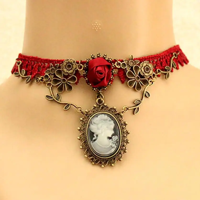 Новое Стильное ожерелье чокер с камеей красная роза кружевное модное украшение