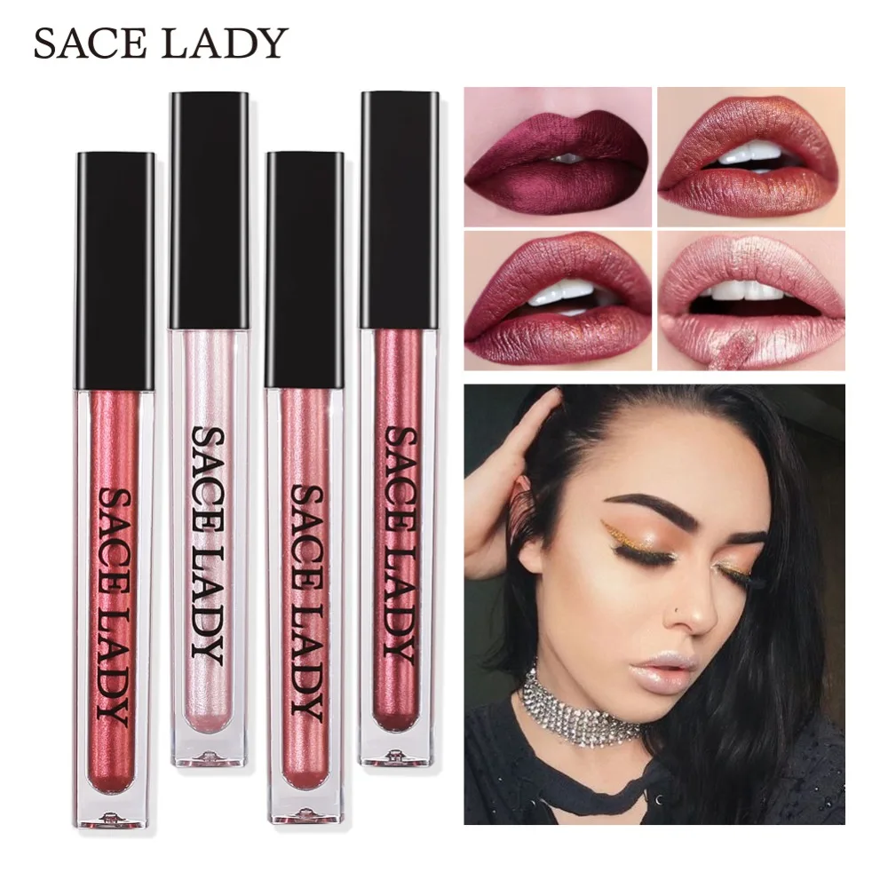 

SACE LADY Long Lasting Lip Gloss Waterproof Makeup 16 Colors Pigment Liquid Lipstick Glitter Metallic Make Up Lipgloss Tint