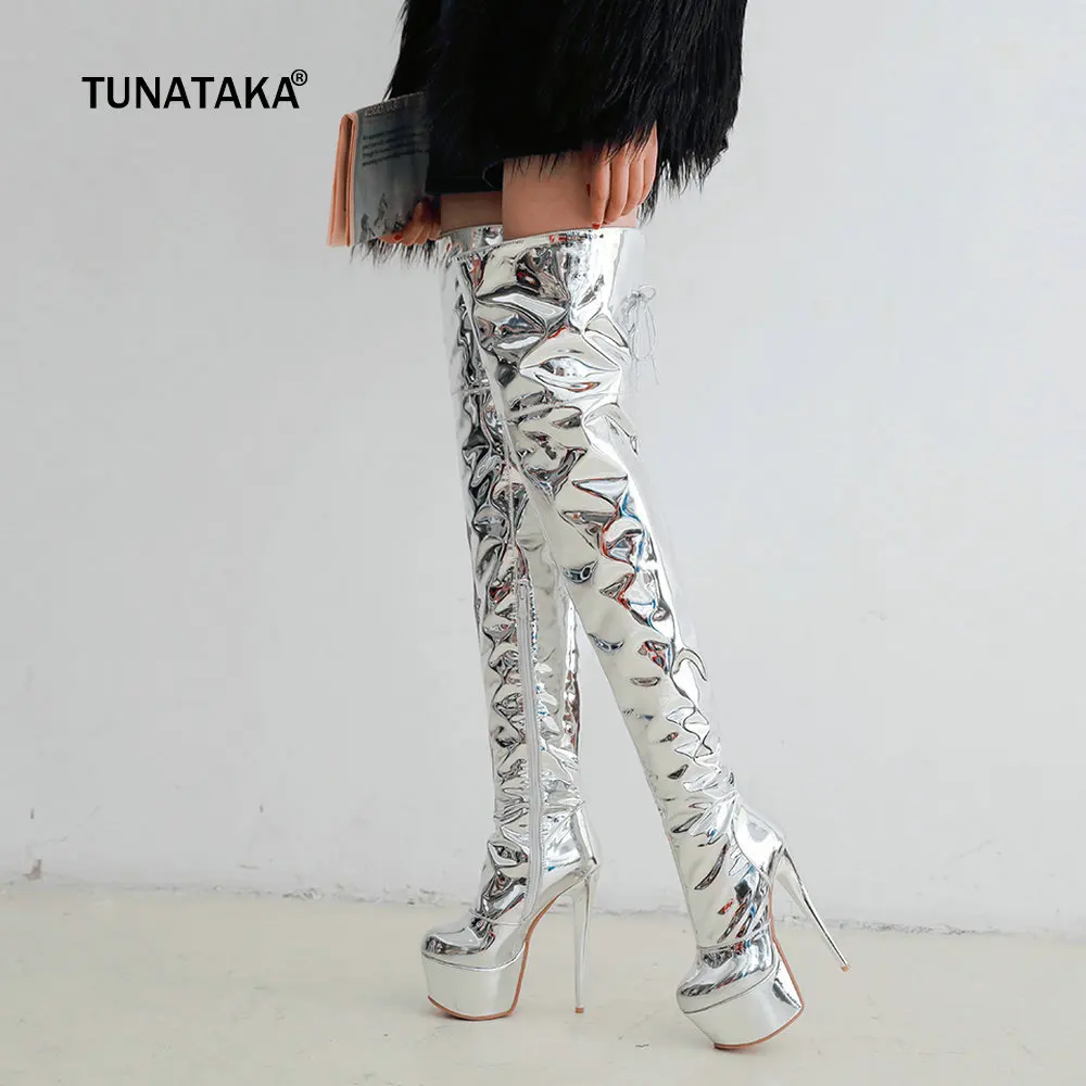 Women's Shining Silver Thigh Boots Super Sexy Thin High Heel Platform Boots Zipper Lace Up Winter Warm Female Shoes Plus Size 43
Women's Shining Silver Thigh Boots Super Sexy Thin High Heel Platform Boots Zipper Lace Up Winter Warm Female Shoes Plus Size 43