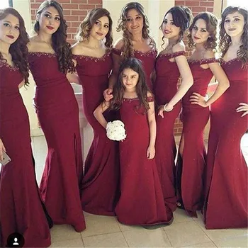 Burgundy Mermaid Bridesmaid Dresses 2019 Boat Neck Off The Shoulder Side Split Floor Length Long Wedding Party Gowns Custom Made
Burgundy Mermaid Bridesmaid Dresses 2019 Boat Neck Off The Shoulder Side Split Floor Length Long Wedding Party Gowns Custom Made
