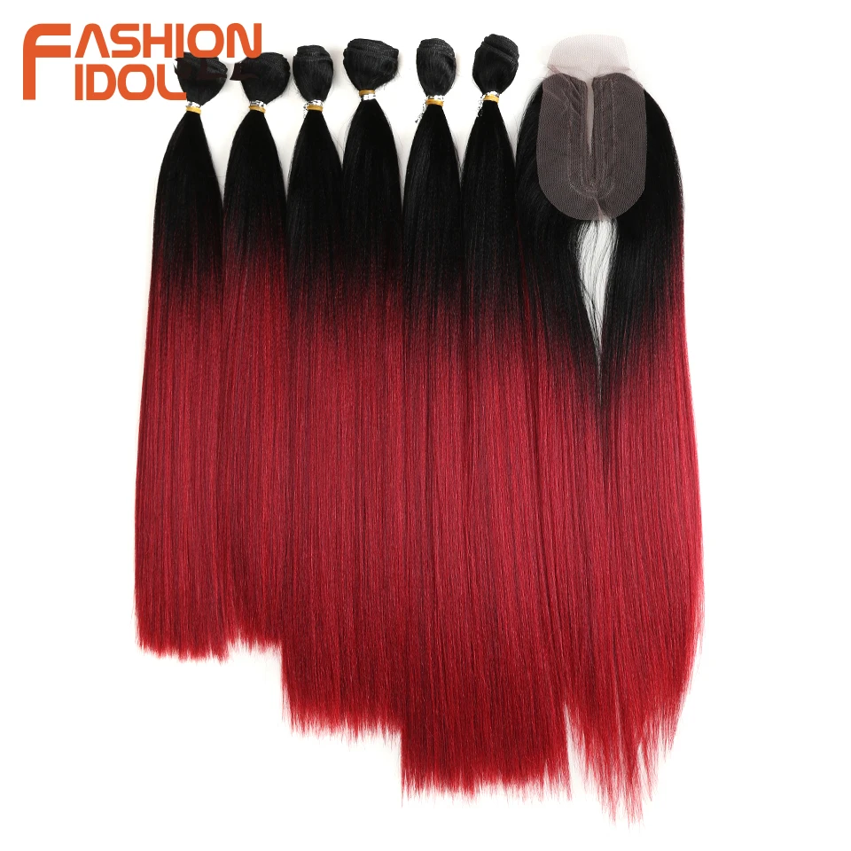 

FASHION IDOL Straight Hair Bundles With Closure Synthetic Yaki Hair Weft 16-20inch 7pcs/Pack 250g Ombre Red Hair Weaving Bundles